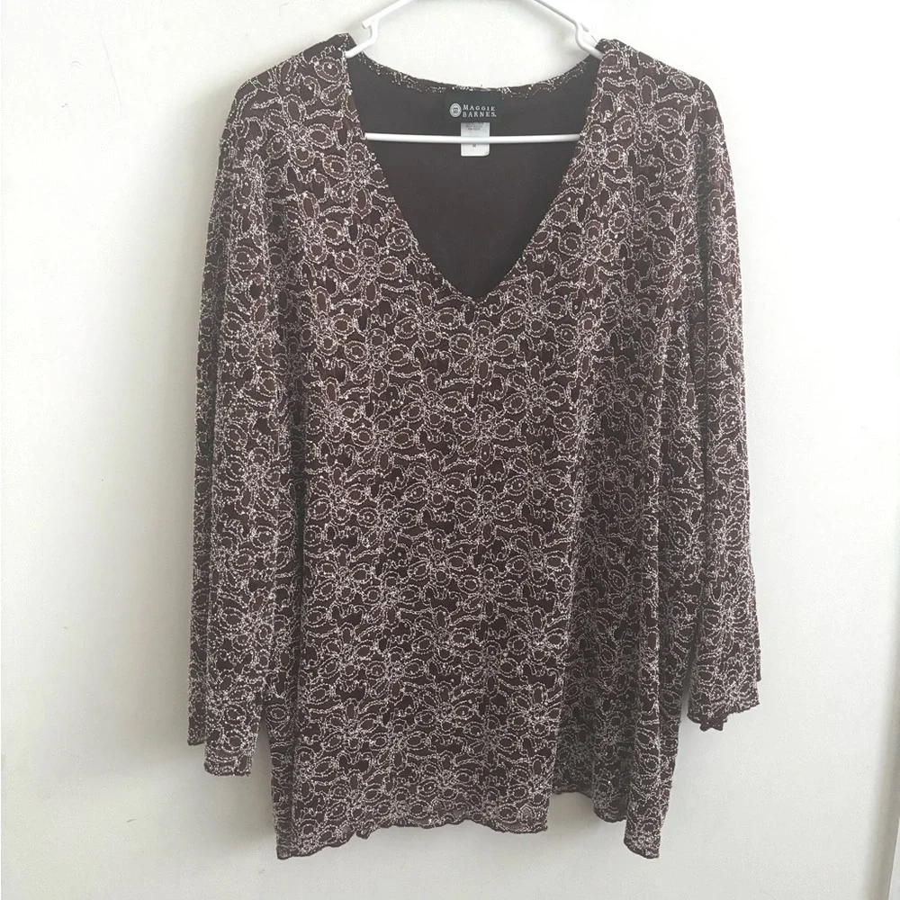 Embroidered Brown Lace Blouse 3X Floral Boho Artsy Mature Elegant Evening Party